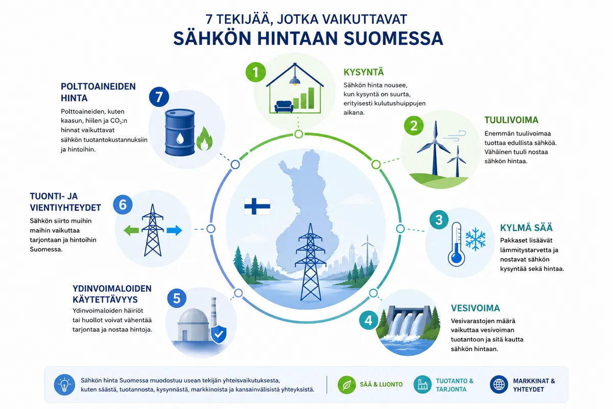Infografiikka seitsemästä sähkön hinnan vaihteluun vaikuttavasta tekijästä Suomessa