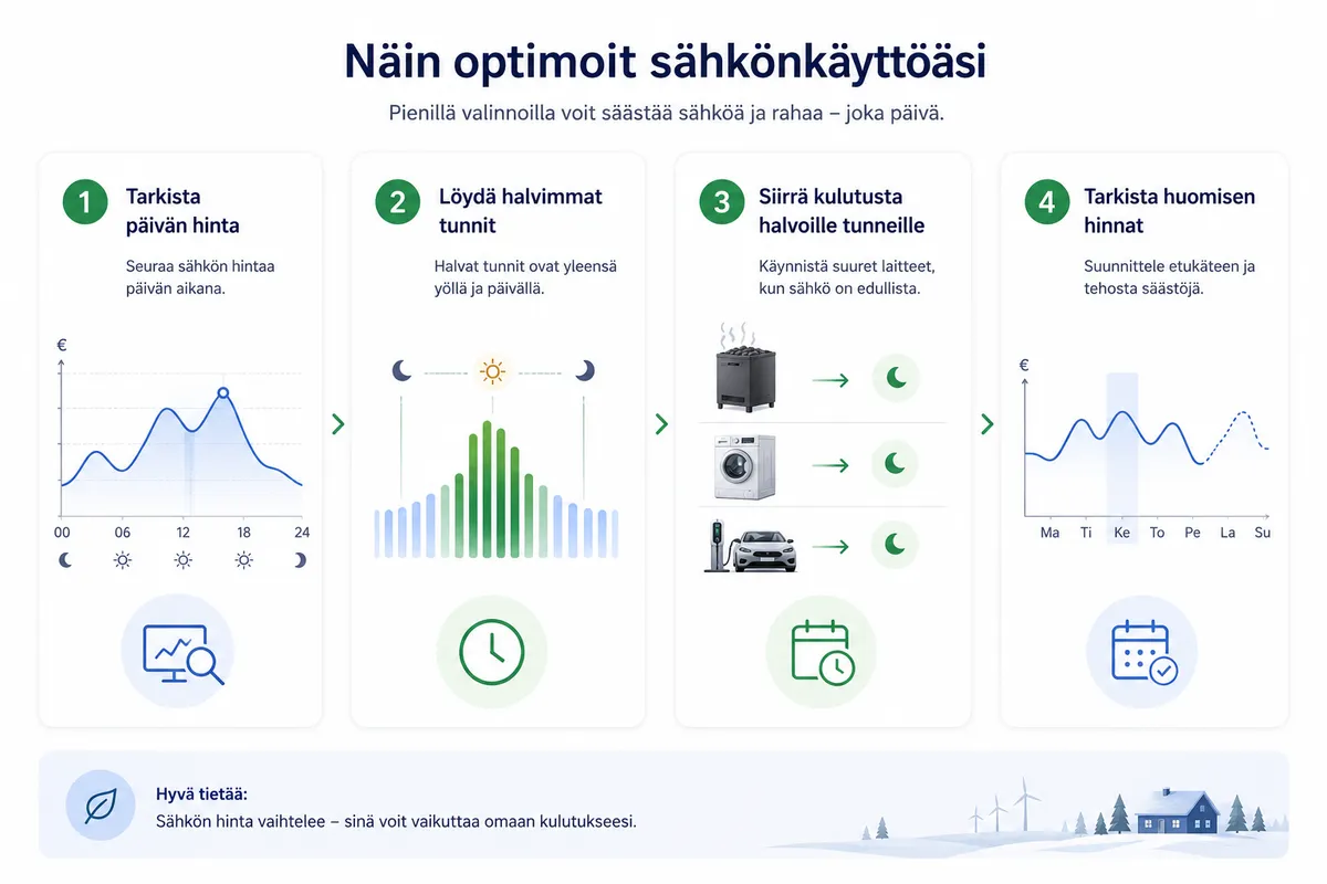Kotitalouden tarkistuslista, jossa sähköauton lataus, sauna, lämminvesivaraaja ja pyykkihuolto ajoitetaan edullisille tunneille