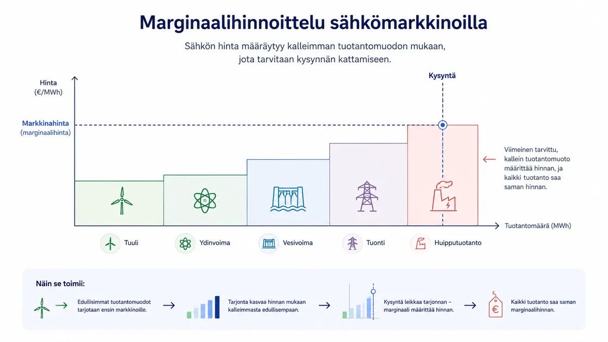 Marginaalihinnan kerrostemalli: halvin tuotanto alimpana, kallein huipputuotanto ylimpänä, kysynnän leikkauspiste määrittää tunnin hinnan