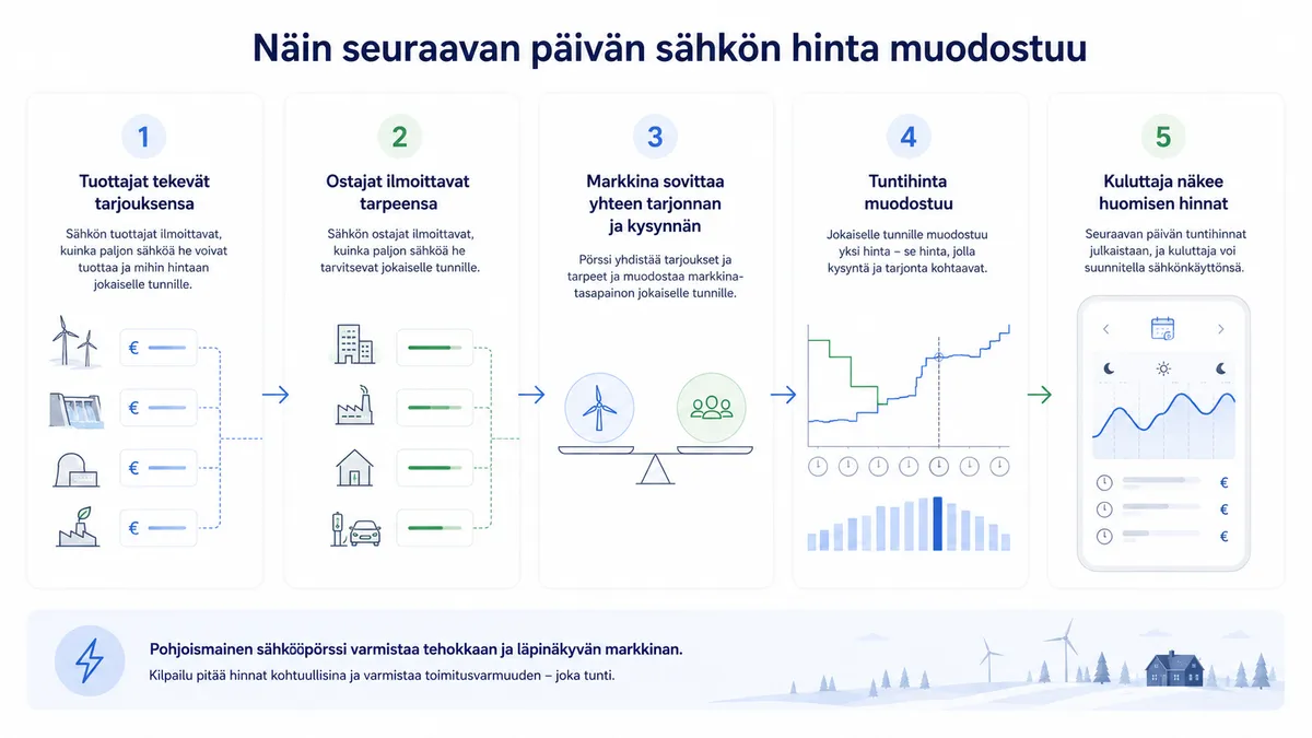 Nord Poolin day ahead hintamuodostuksen viisivaiheinen prosessi: tuottajien tarjonta, ostajien kysyntä, markkinan sovittaminen, hinnan julkaisu ja sähköyhtiöiden hinnoittelu