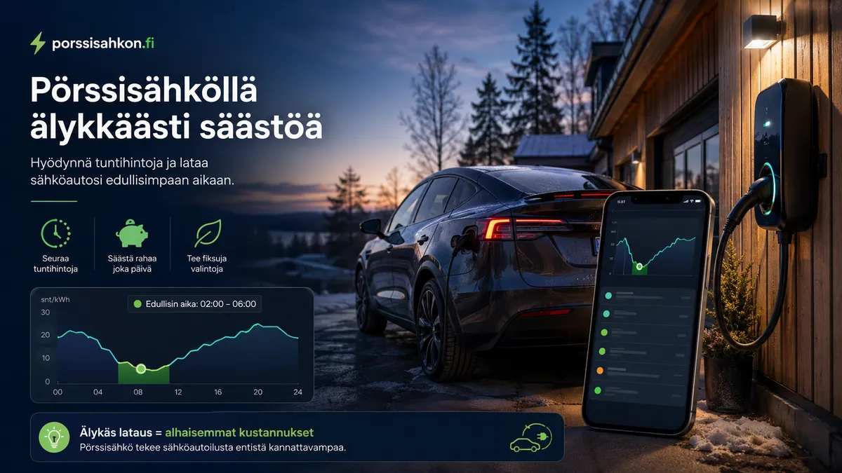 Suomalainen sähköauto kotilatauksessa yöllä, taustalla pörssisähkön tuntihintakäyrä