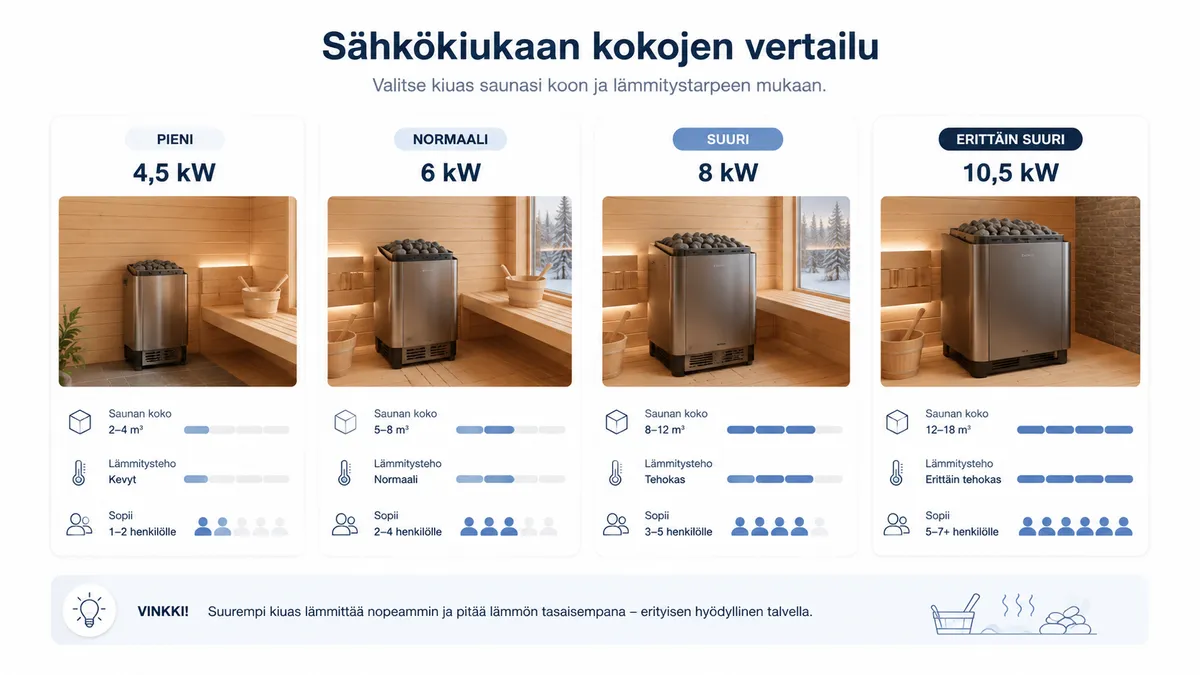 Sähkökiukaiden kokovertailu: 4,5 kW, 6 kW, 8 kW ja 10,5 kW kiukaat kulutuslukemineen