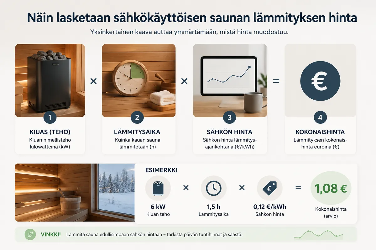 Saunan hinnan laskukaava infografiikkana: kiukaan teho kerrottuna ajalla ja sähkön hinnalla antaa kustannuksen euroina