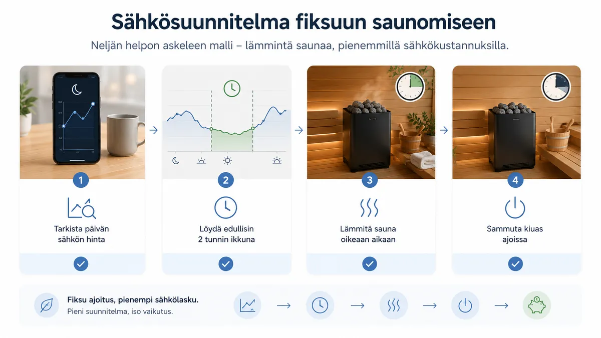 Tarkistuslista ennen saunaa: tarkista hinta, etsi halpa jakso, ajasta lämmitys, sammuta kiuas ajoissa